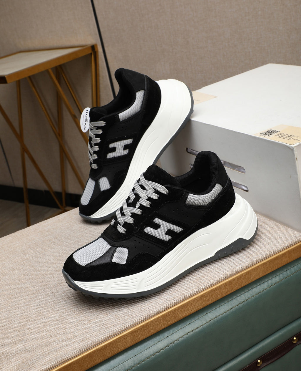 Hogan Hyperlight Black Suede Platform Sneakers with White H Logo, Lightweight Everyday Classic