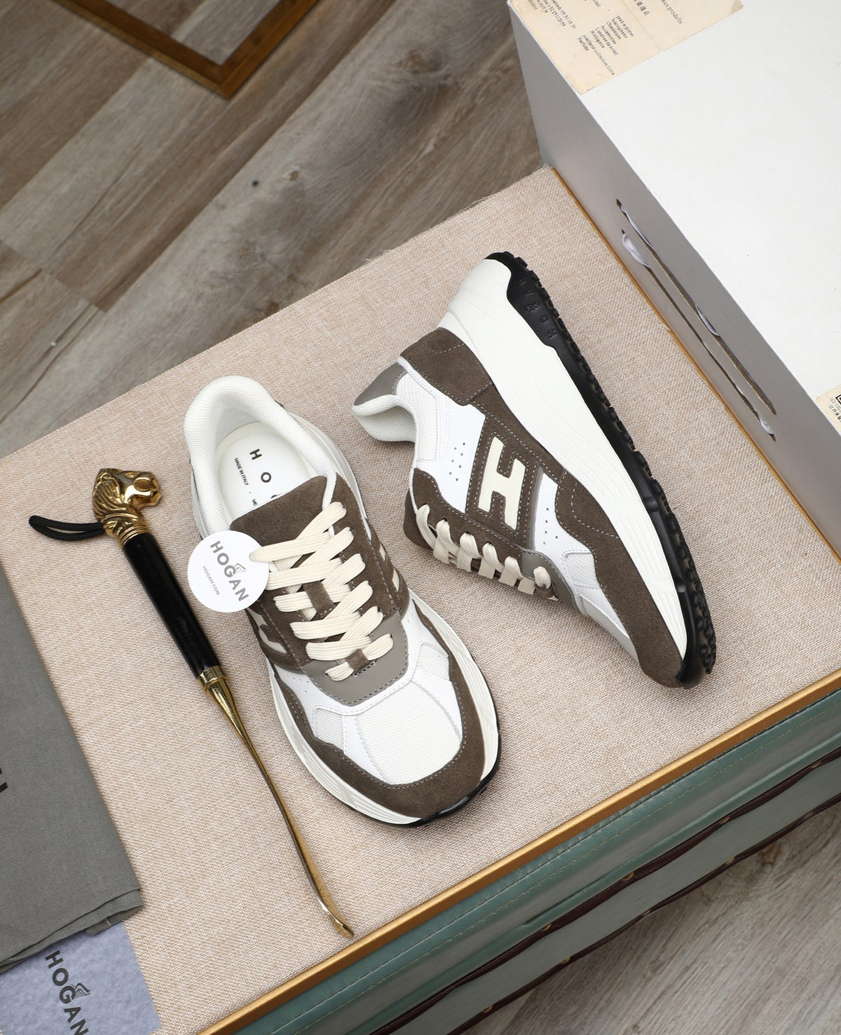 Hogan Hyperlight Brown and White Suede Platform Sneakers, Lightweight Retro Style