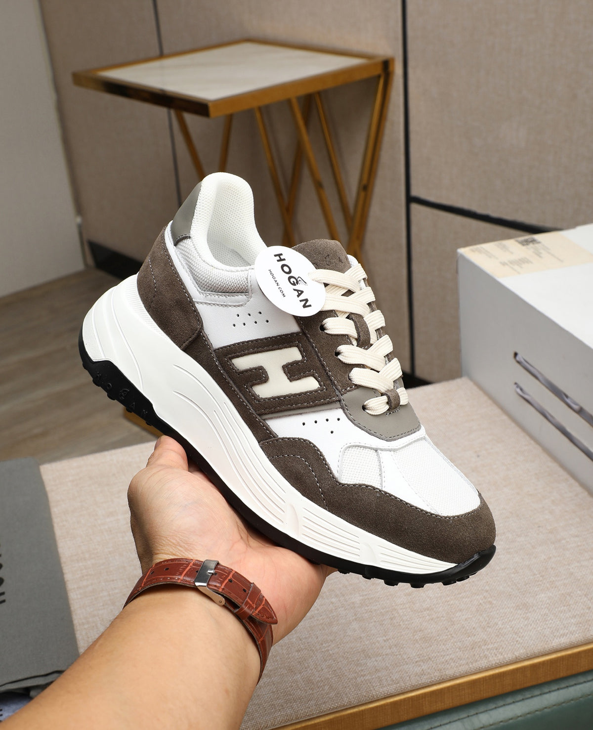 Hogan Hyperlight Brown and White Suede Platform Sneakers, Lightweight Retro Style