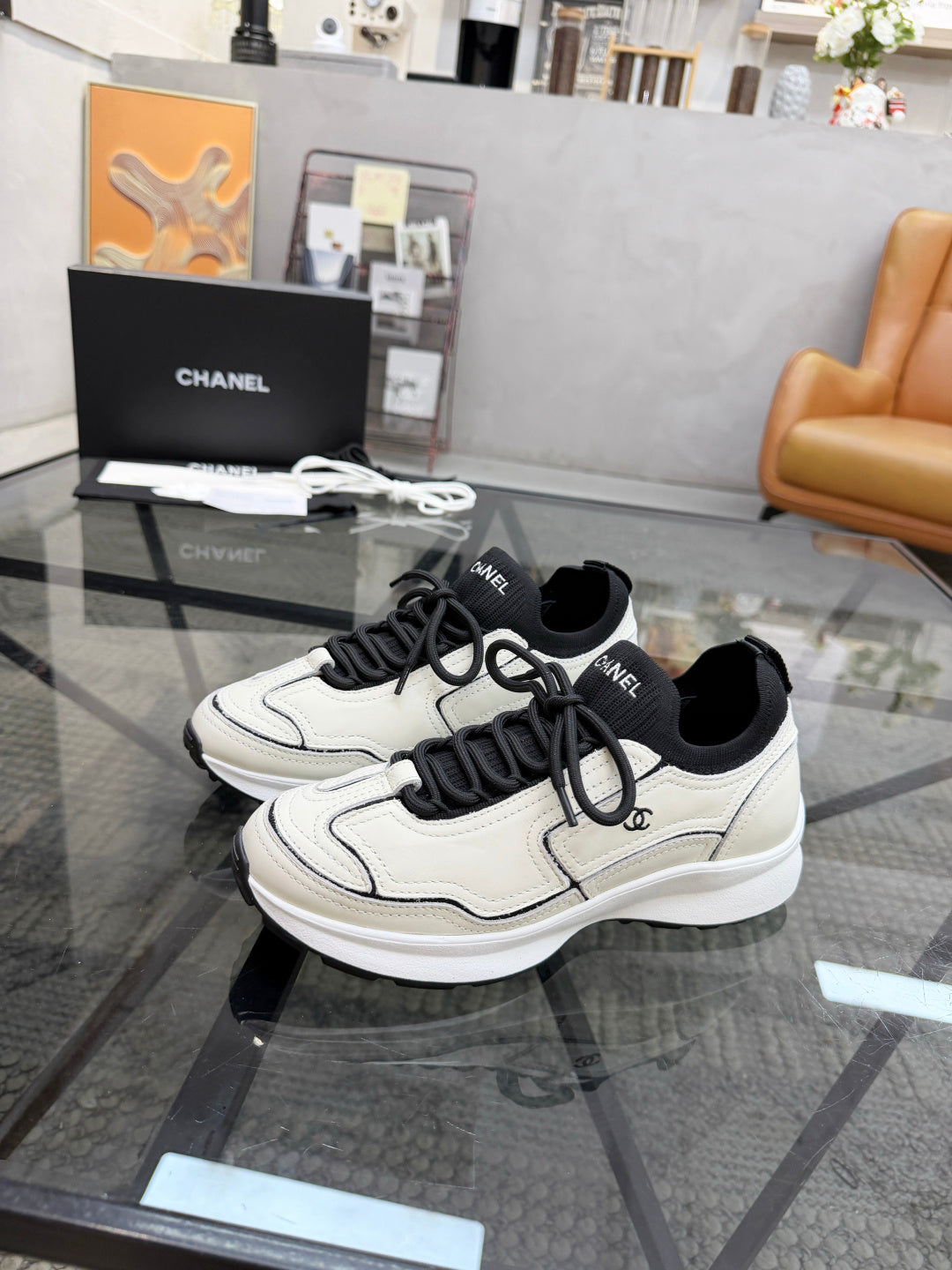 CHANEL White Platform Sneakers with Black Sock Collar, Lightweight Everyday Bestseller