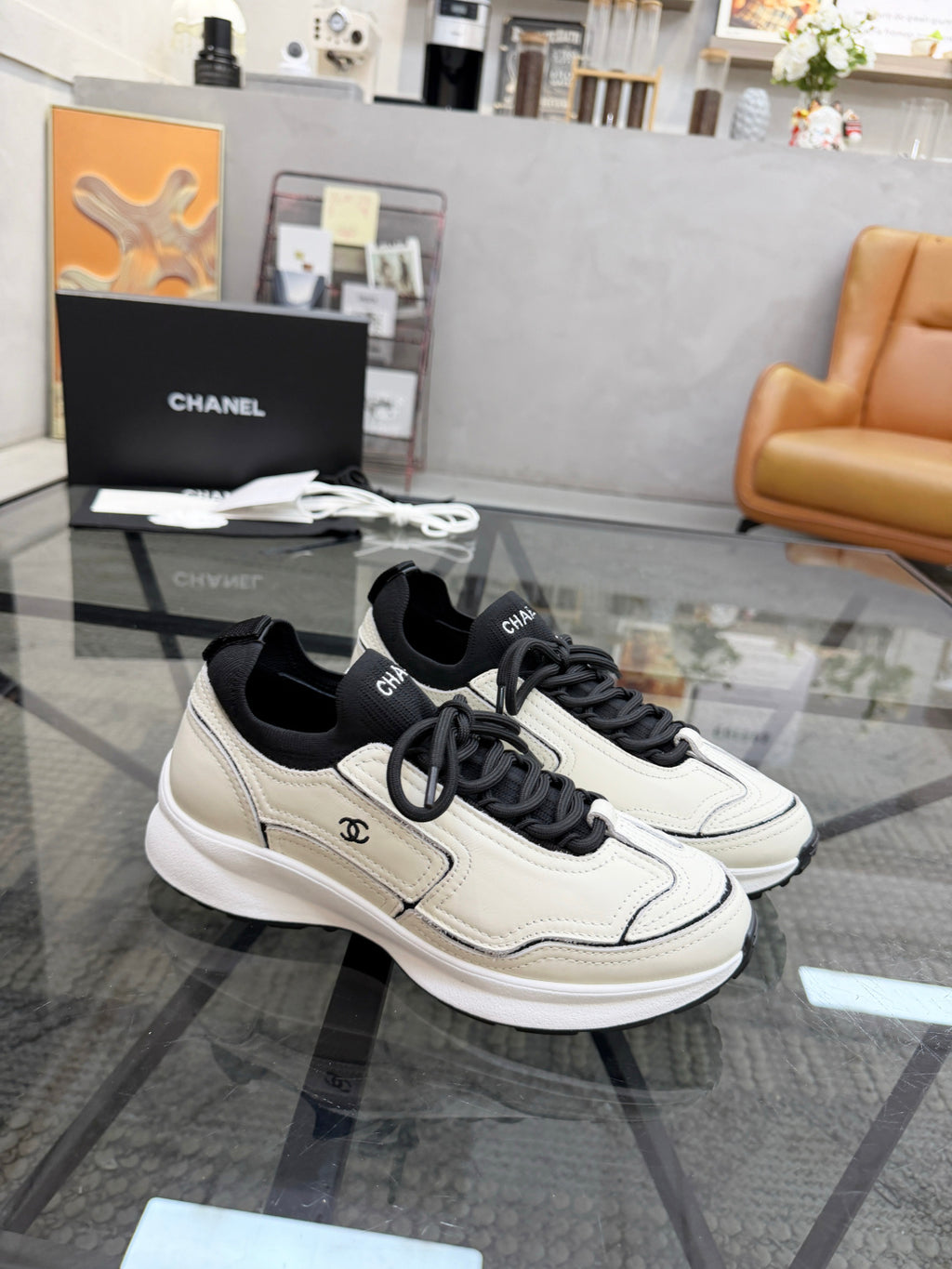 CHANEL White Platform Sneakers with Black Sock Collar, Lightweight Everyday Bestseller