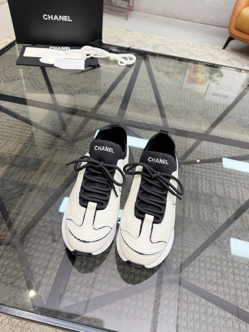 CHANEL White Platform Sneakers with Black Sock Collar, Lightweight Everyday Bestseller