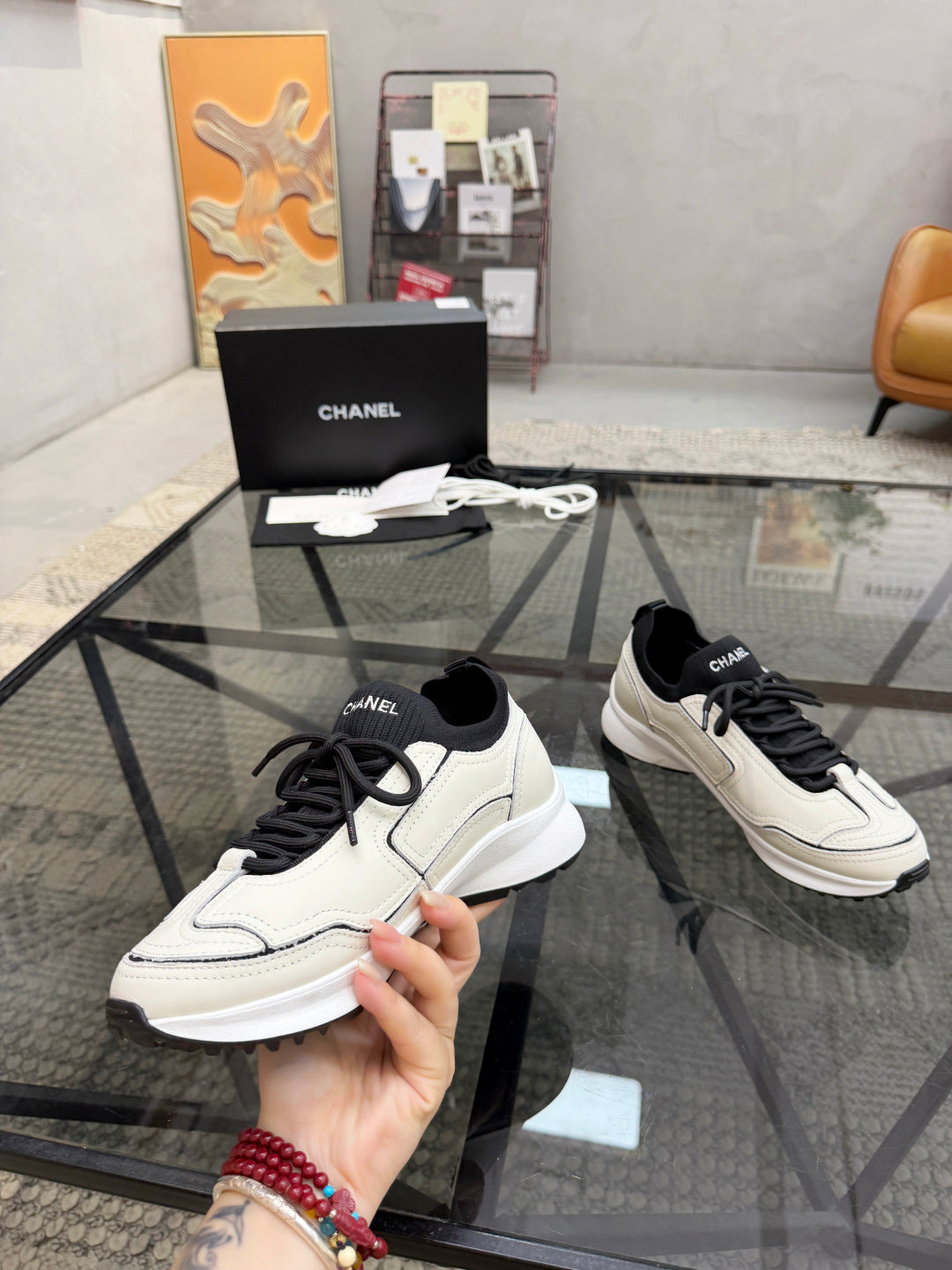 CHANEL White Platform Sneakers with Black Sock Collar, Lightweight Everyday Bestseller