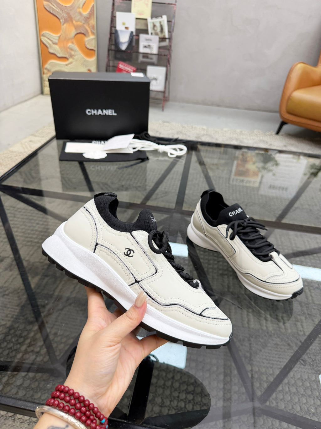 CHANEL White Platform Sneakers with Black Sock Collar, Lightweight Everyday Bestseller