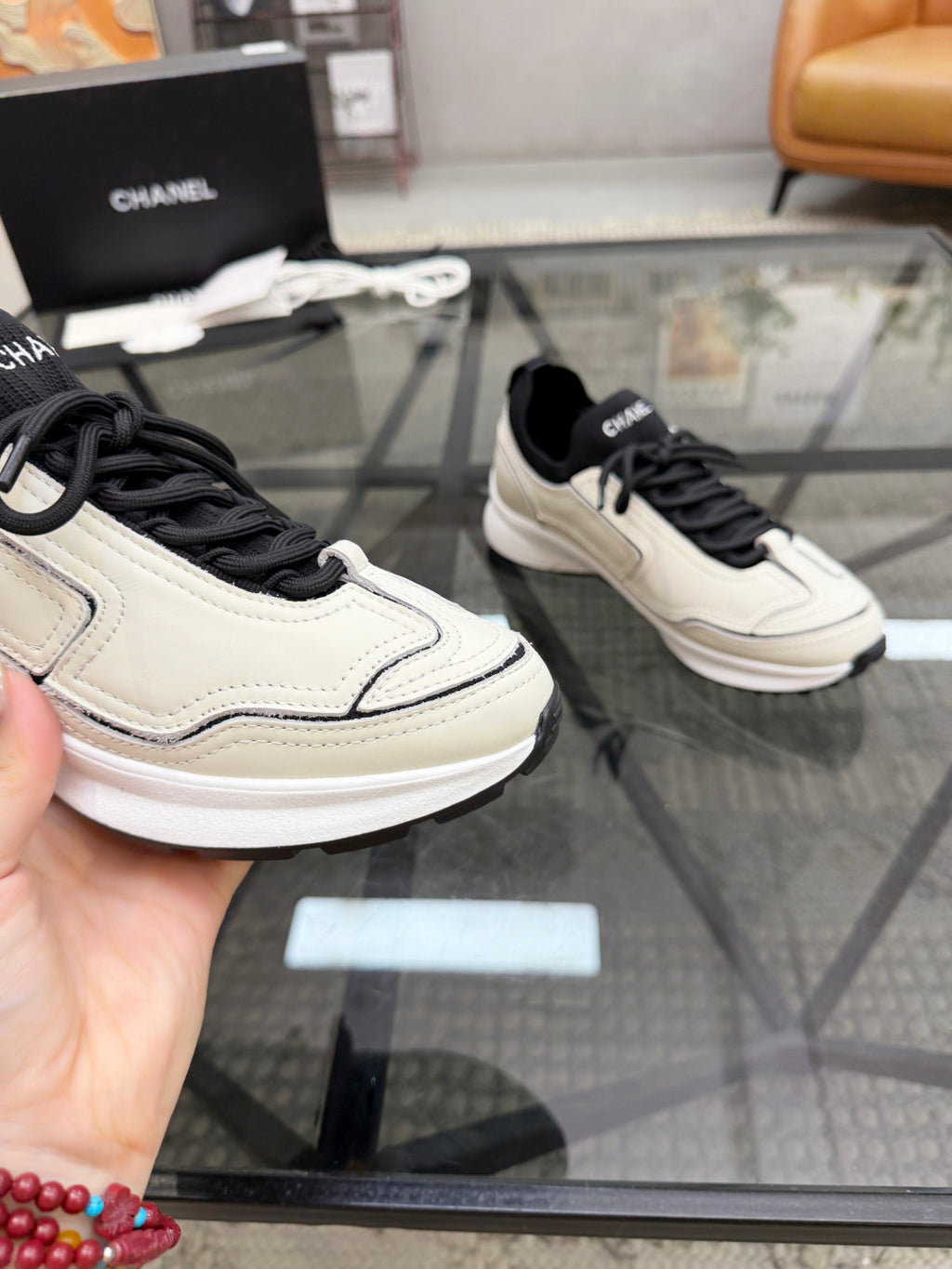 CHANEL White Platform Sneakers with Black Sock Collar, Lightweight Everyday Bestseller