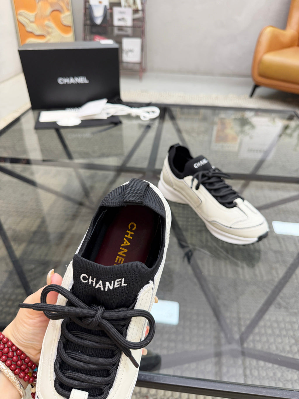 CHANEL White Platform Sneakers with Black Sock Collar, Lightweight Everyday Bestseller