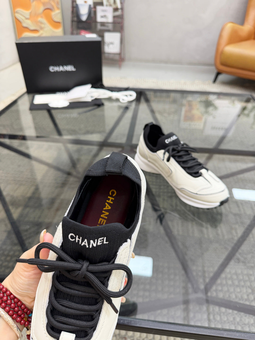 CHANEL White Platform Sneakers with Black Sock Collar, Lightweight Everyday Bestseller