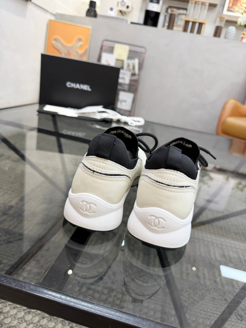 CHANEL White Platform Sneakers with Black Sock Collar, Lightweight Everyday Bestseller