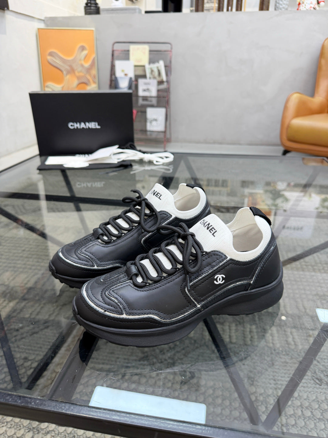 CHANEL Black Platform Sneakers with White Sock Collar and Contrast Stitching, Lightweight Everyday Shoes