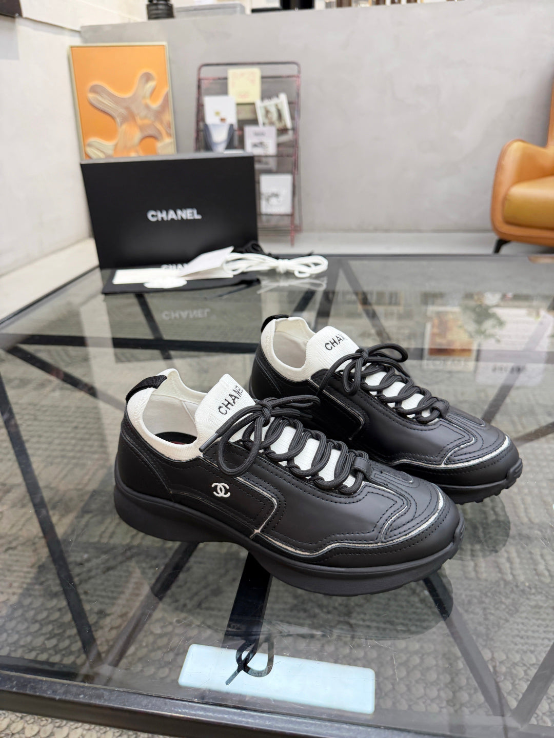 CHANEL Black Platform Sneakers with White Sock Collar and Contrast Stitching, Lightweight Everyday Shoes