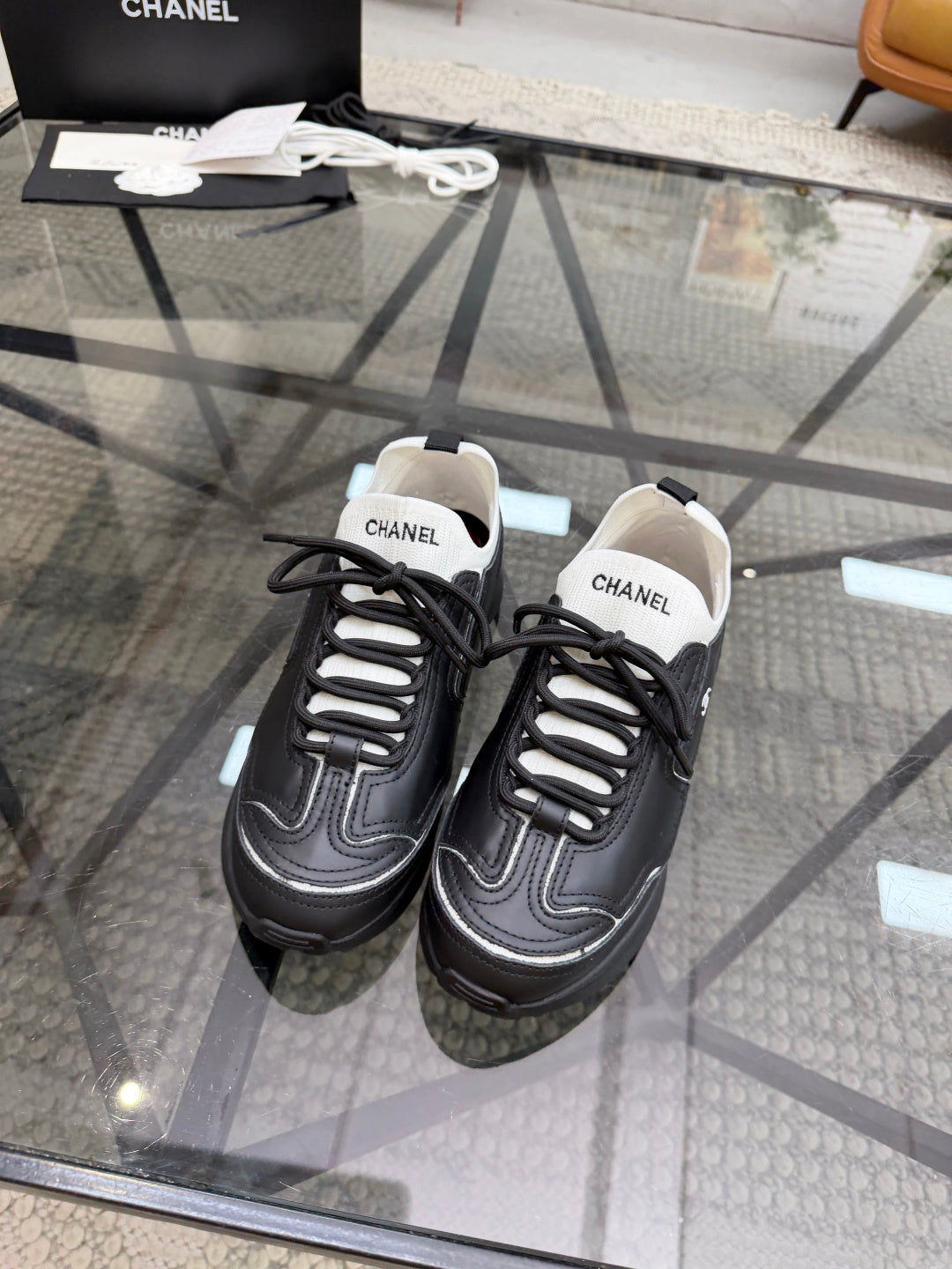 CHANEL Black Platform Sneakers with White Sock Collar and Contrast Stitching, Lightweight Everyday Shoes