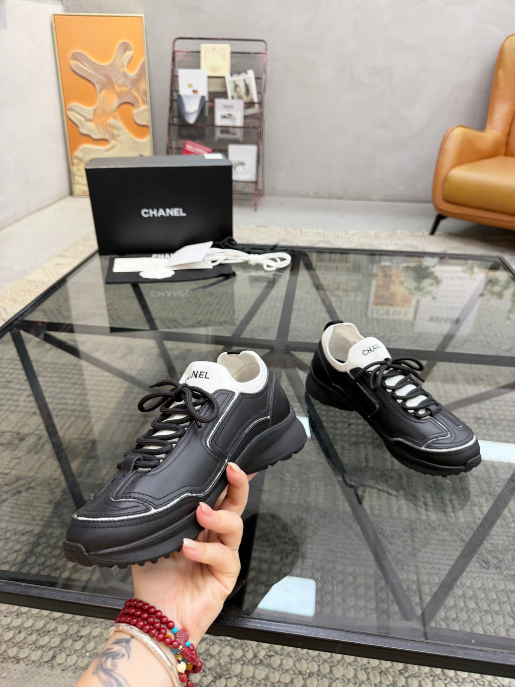 CHANEL Black Platform Sneakers with White Sock Collar and Contrast Stitching, Lightweight Everyday Shoes