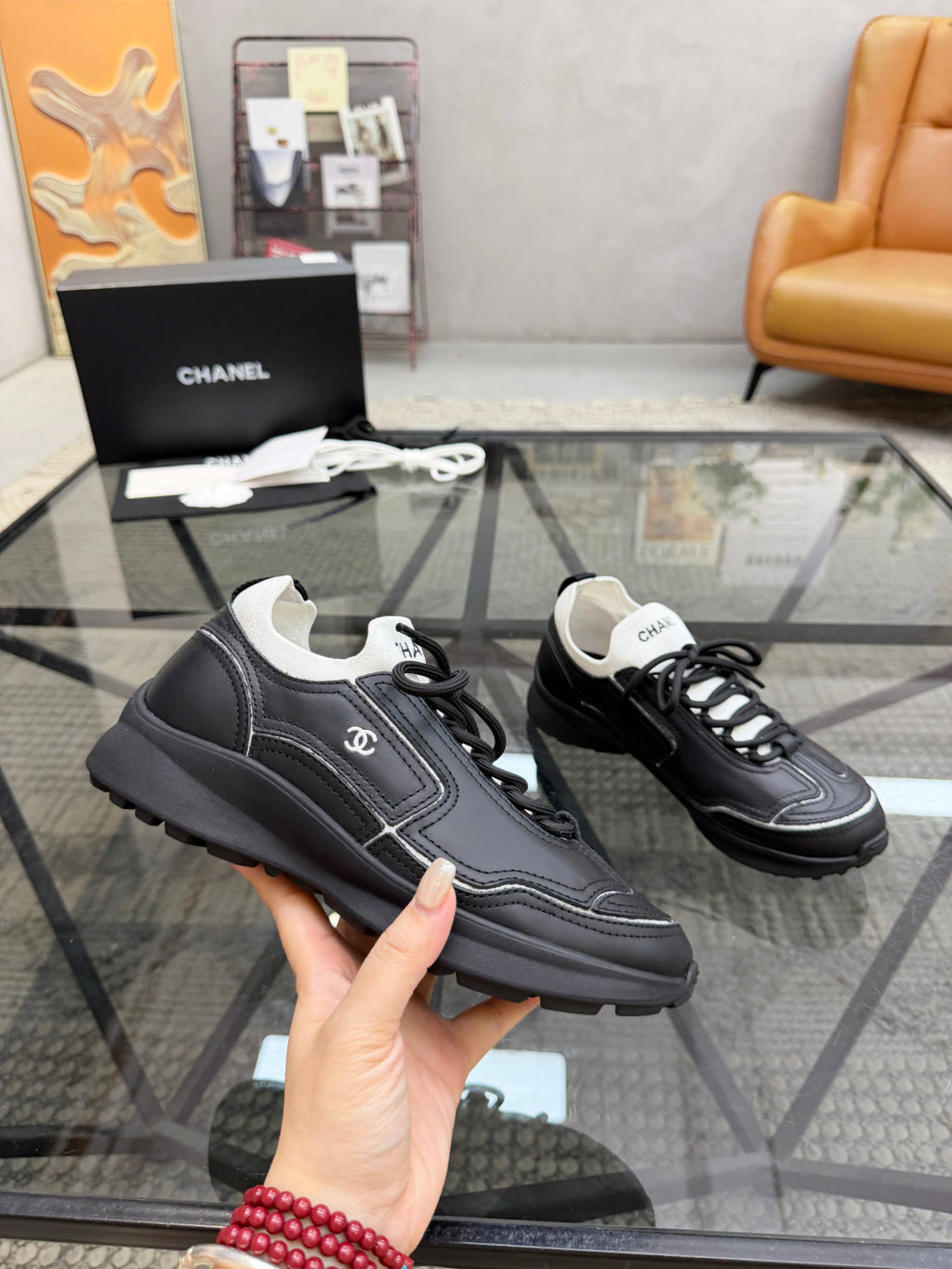 CHANEL Black Platform Sneakers with White Sock Collar and Contrast Stitching, Lightweight Everyday Shoes