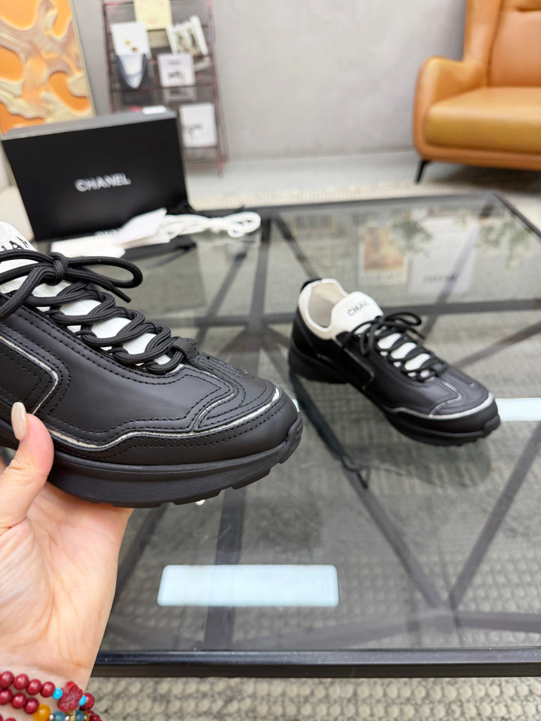CHANEL Black Platform Sneakers with White Sock Collar and Contrast Stitching, Lightweight Everyday Shoes
