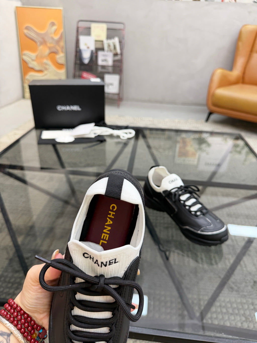 CHANEL Black Platform Sneakers with White Sock Collar and Contrast Stitching, Lightweight Everyday Shoes