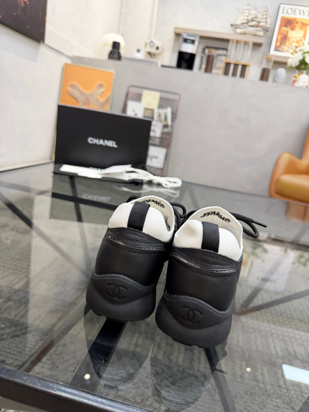 CHANEL Black Platform Sneakers with White Sock Collar and Contrast Stitching, Lightweight Everyday Shoes