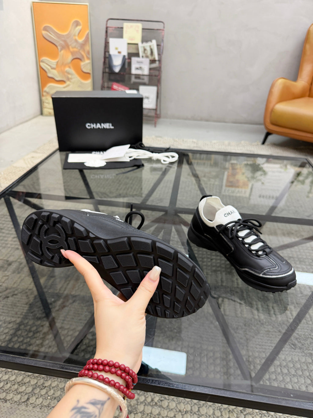 CHANEL Black Platform Sneakers with White Sock Collar and Contrast Stitching, Lightweight Everyday Shoes