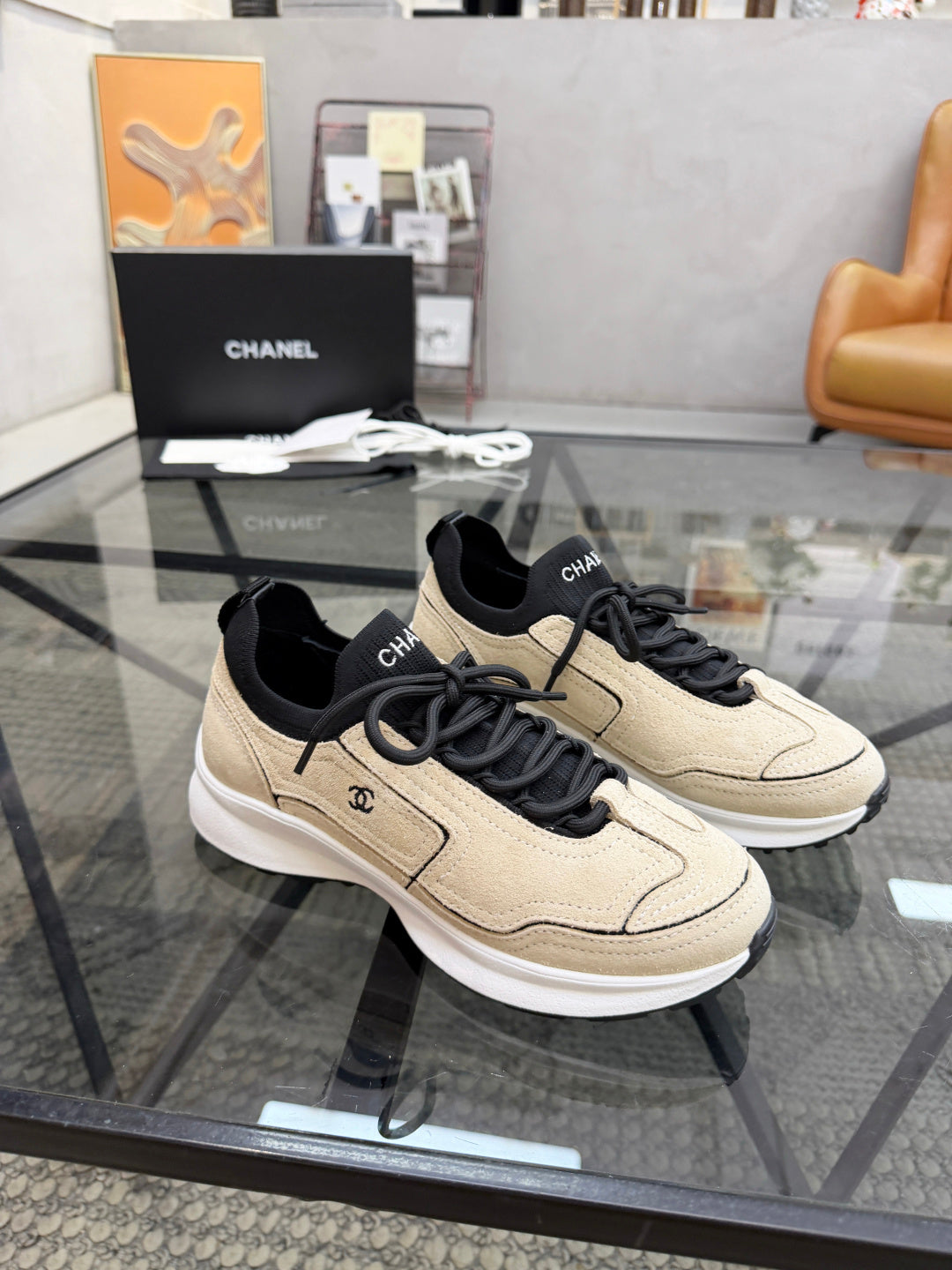 CHANEL Beige Sock-Collar Platform Sneakers with Black Accents, Lightweight Everyday Shoes