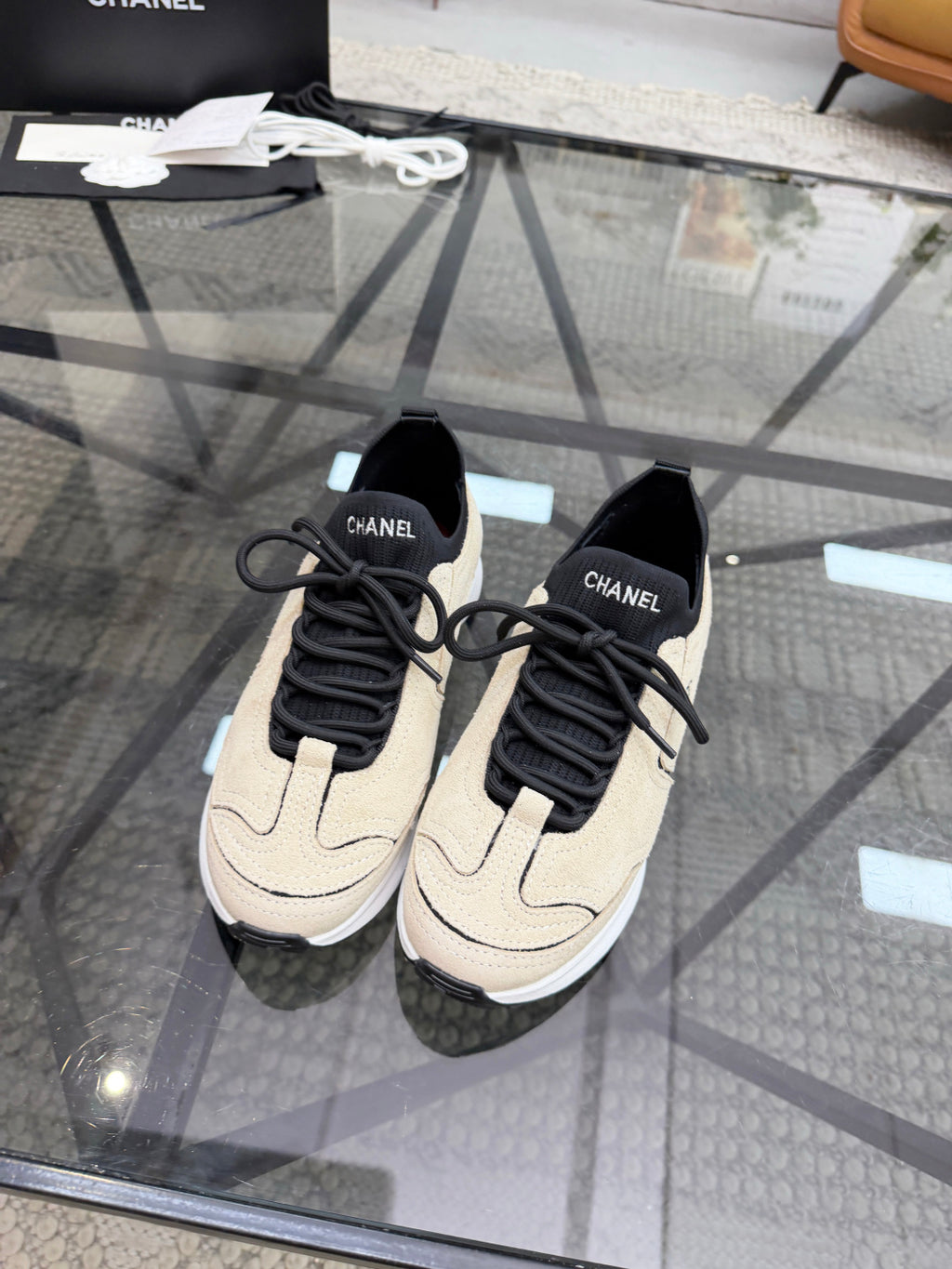 CHANEL Beige Sock-Collar Platform Sneakers with Black Accents, Lightweight Everyday Shoes