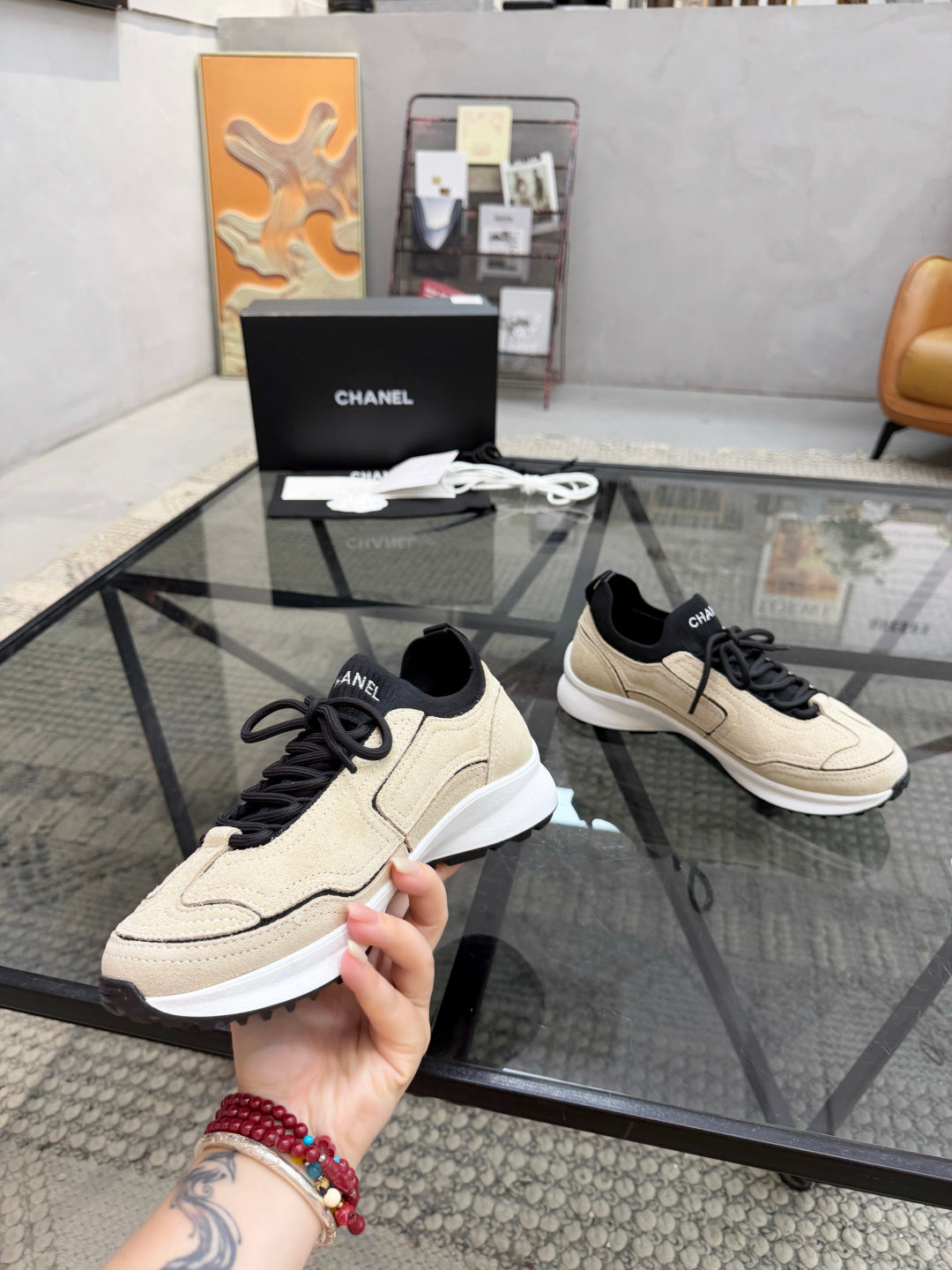 CHANEL Beige Sock-Collar Platform Sneakers with Black Accents, Lightweight Everyday Shoes