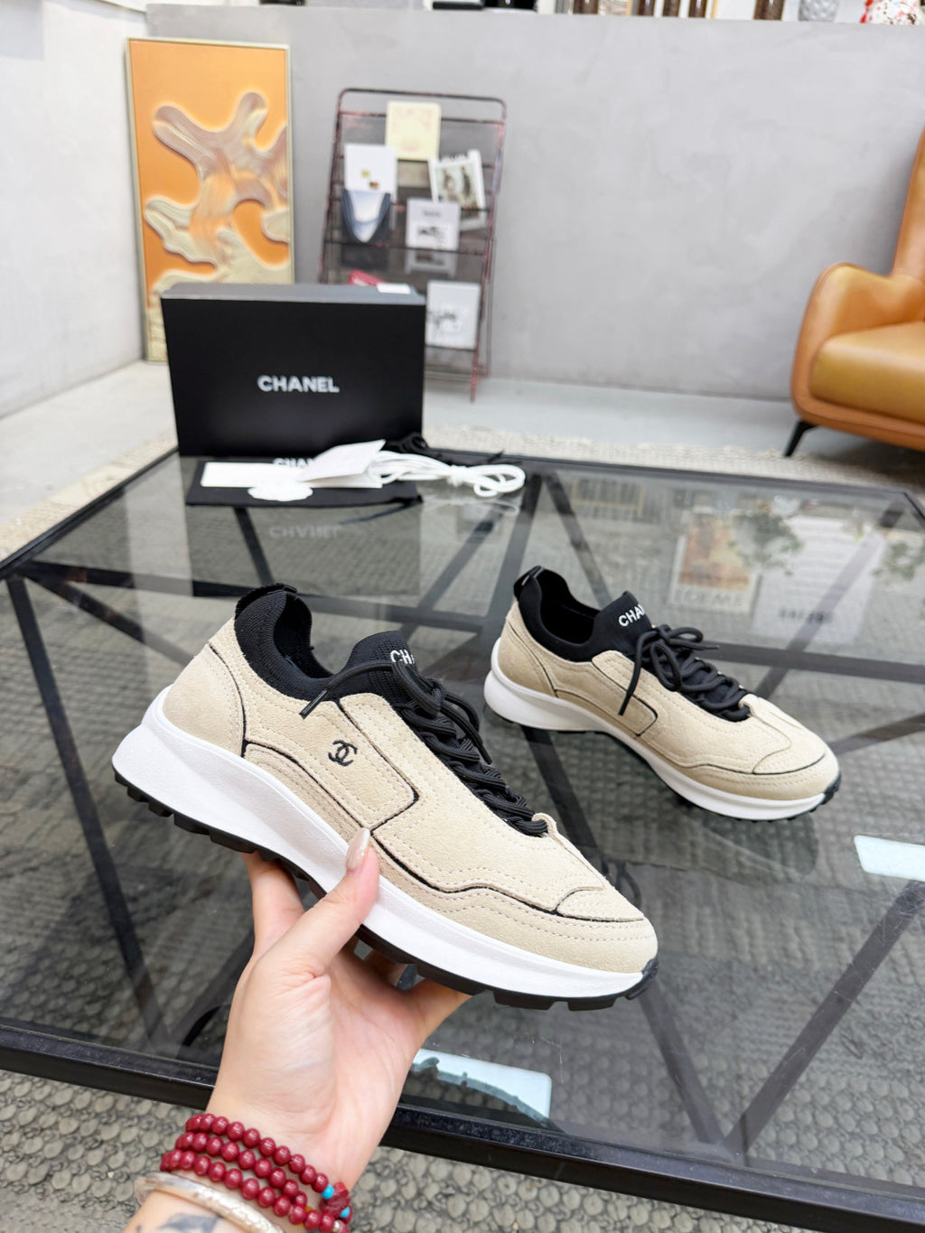 CHANEL Beige Sock-Collar Platform Sneakers with Black Accents, Lightweight Everyday Shoes