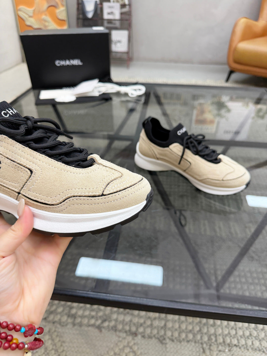 CHANEL Beige Sock-Collar Platform Sneakers with Black Accents, Lightweight Everyday Shoes