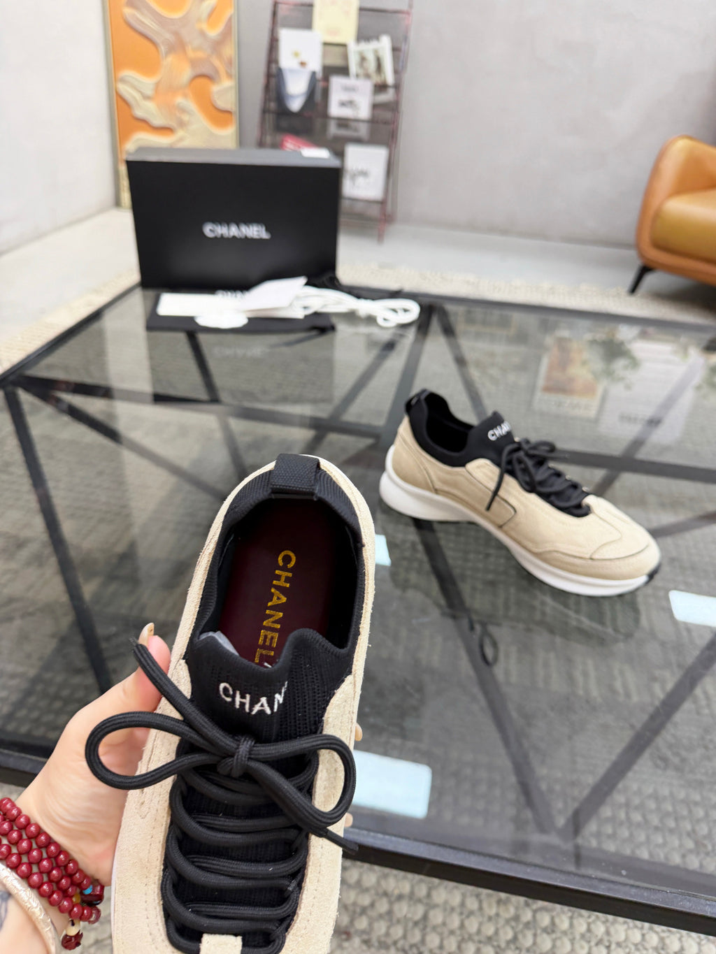 CHANEL Beige Sock-Collar Platform Sneakers with Black Accents, Lightweight Everyday Shoes