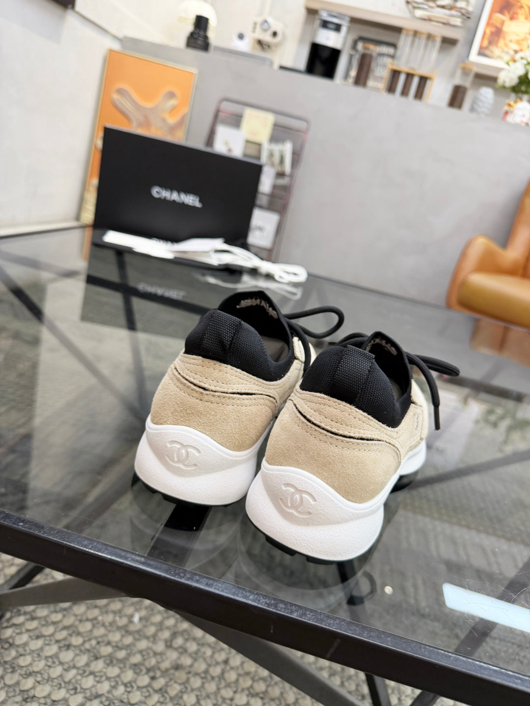 CHANEL Beige Sock-Collar Platform Sneakers with Black Accents, Lightweight Everyday Shoes