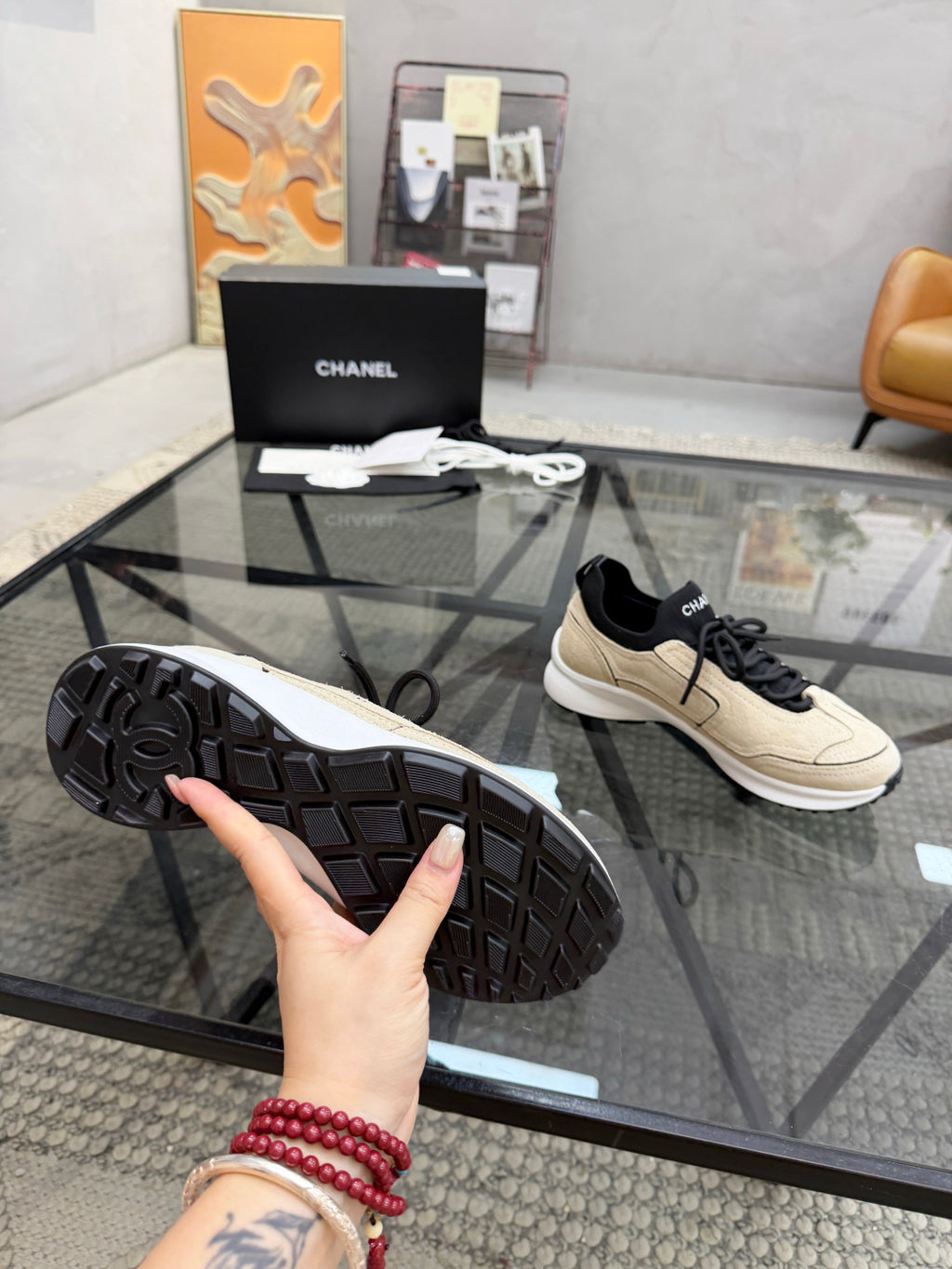 CHANEL Beige Sock-Collar Platform Sneakers with Black Accents, Lightweight Everyday Shoes
