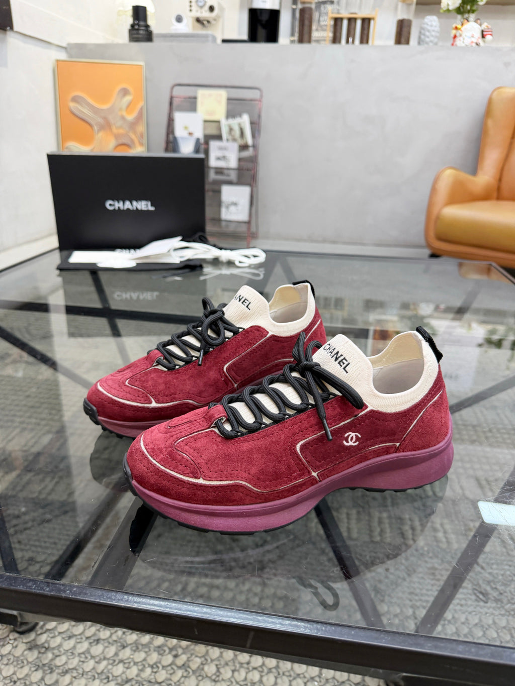 CHANEL Burgundy Suede Sock-Collar Platform Sneakers with White Piping, Lightweight Everyday Style