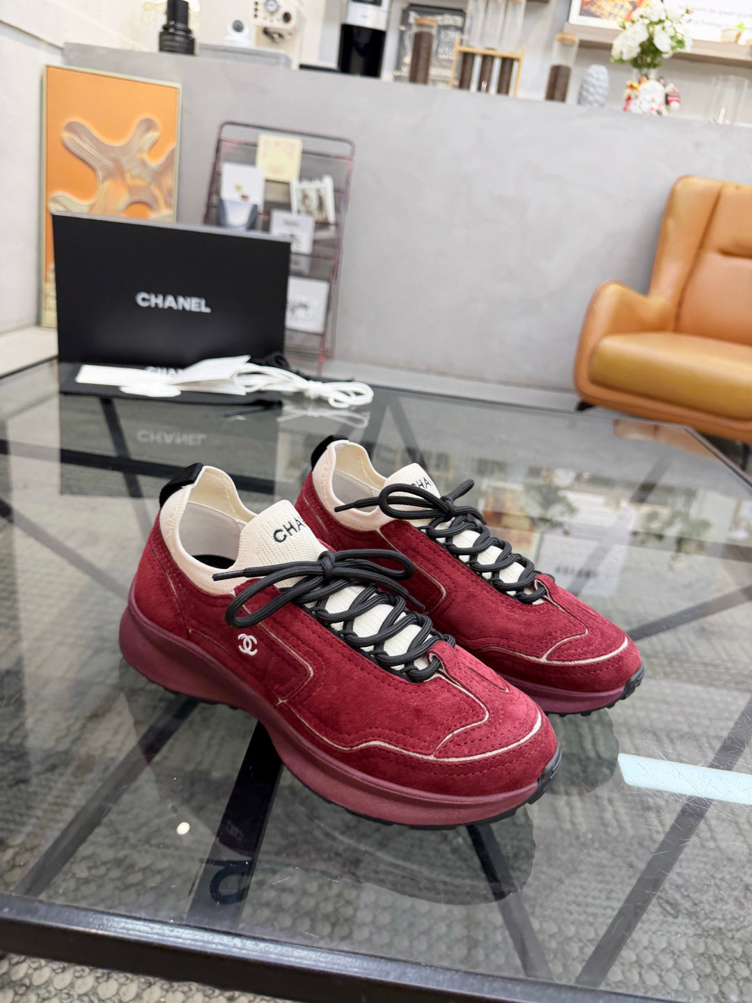 CHANEL Burgundy Suede Sock-Collar Platform Sneakers with White Piping, Lightweight Everyday Style