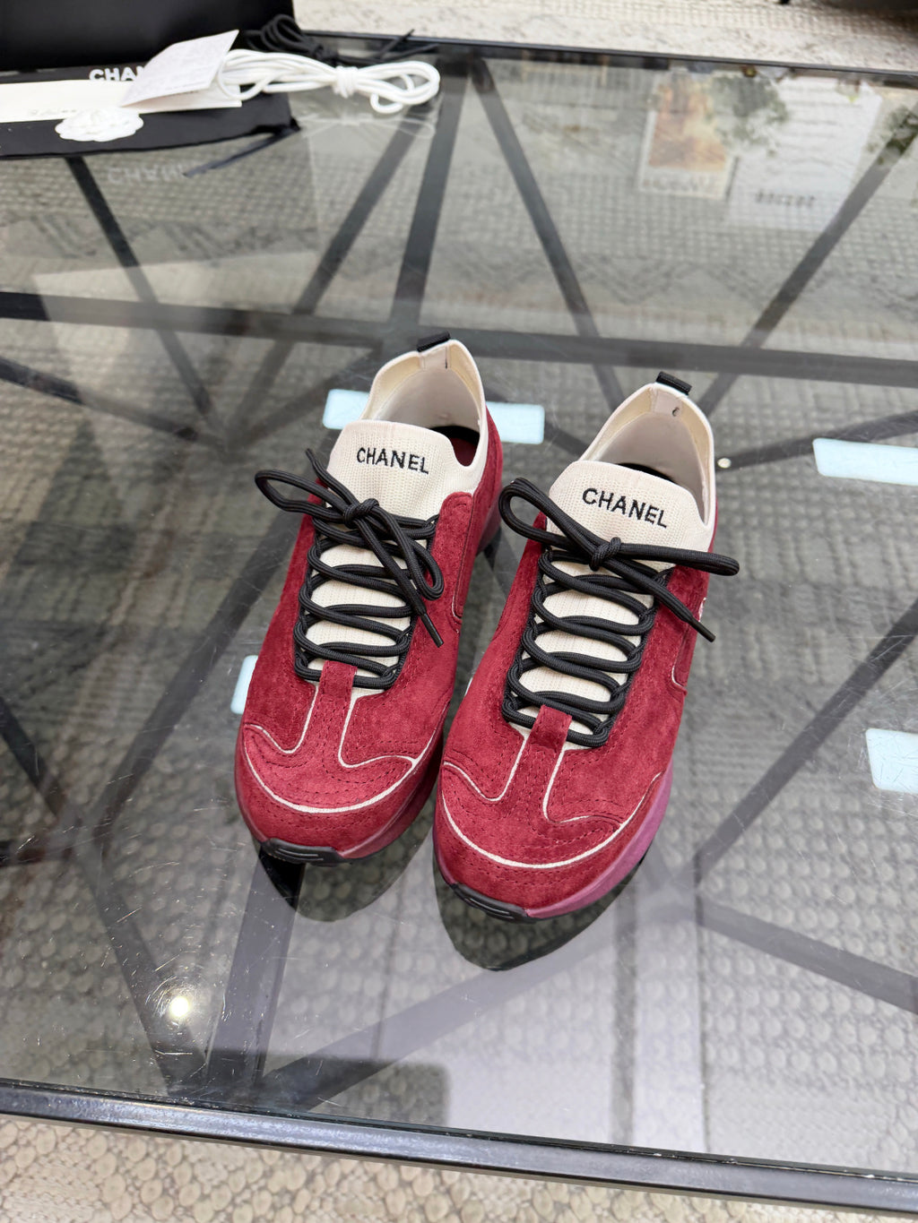 CHANEL Burgundy Suede Sock-Collar Platform Sneakers with White Piping, Lightweight Everyday Style