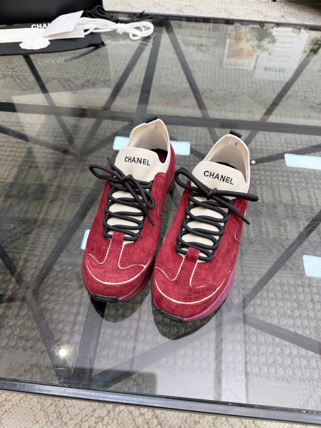 CHANEL Burgundy Suede Sock-Collar Platform Sneakers with White Piping, Lightweight Everyday Style