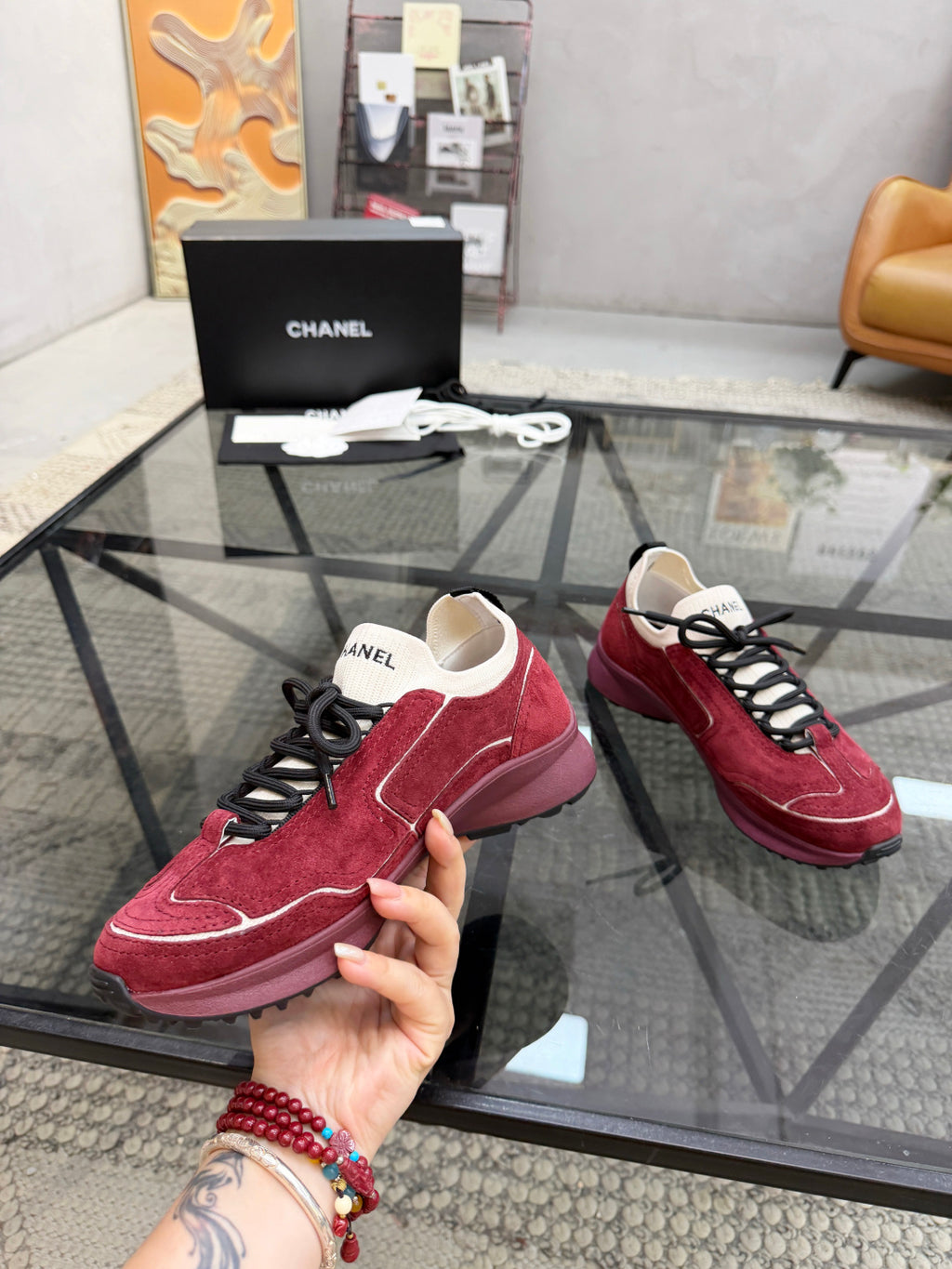 CHANEL Burgundy Suede Sock-Collar Platform Sneakers with White Piping, Lightweight Everyday Style