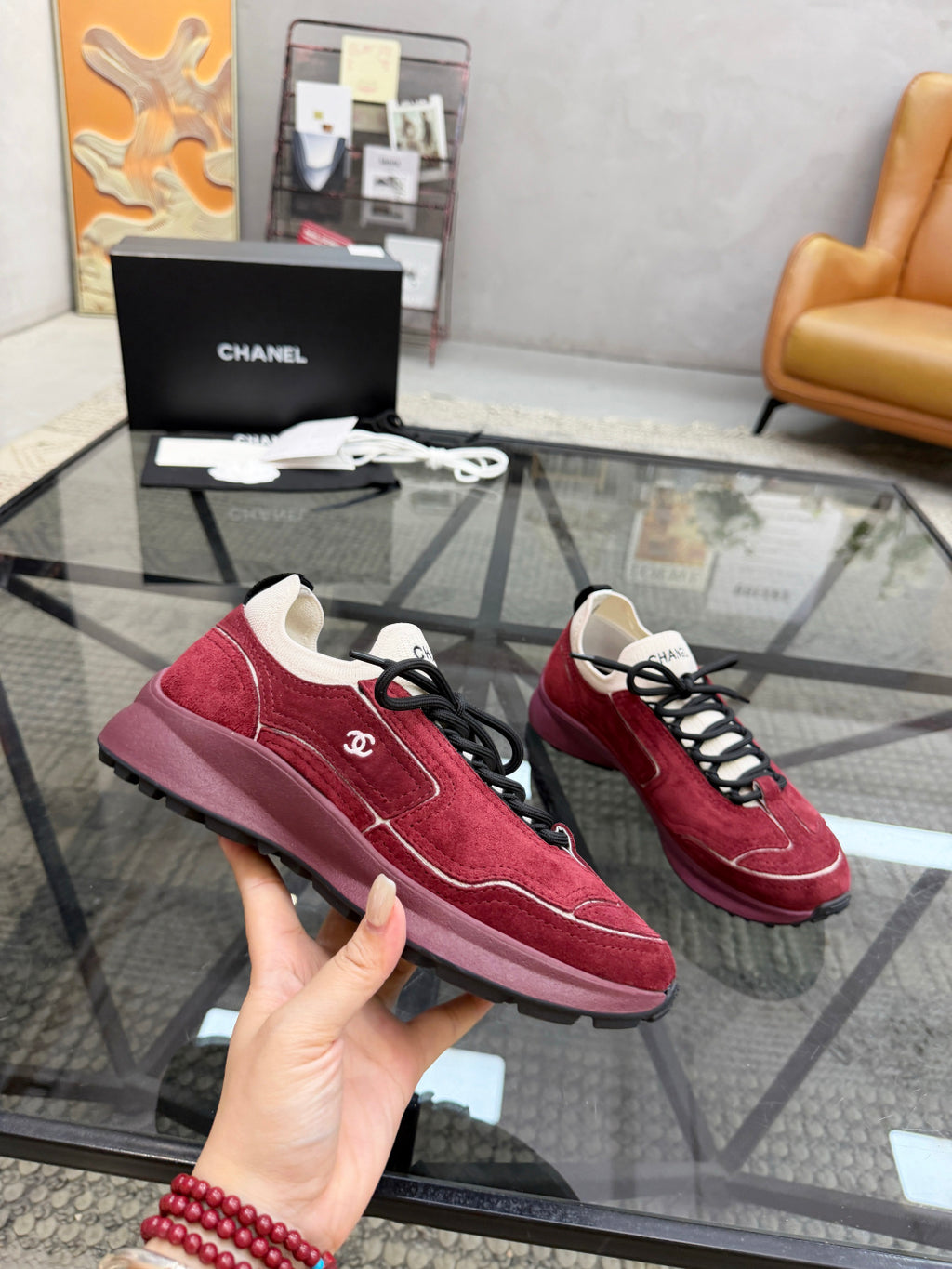 CHANEL Burgundy Suede Sock-Collar Platform Sneakers with White Piping, Lightweight Everyday Style