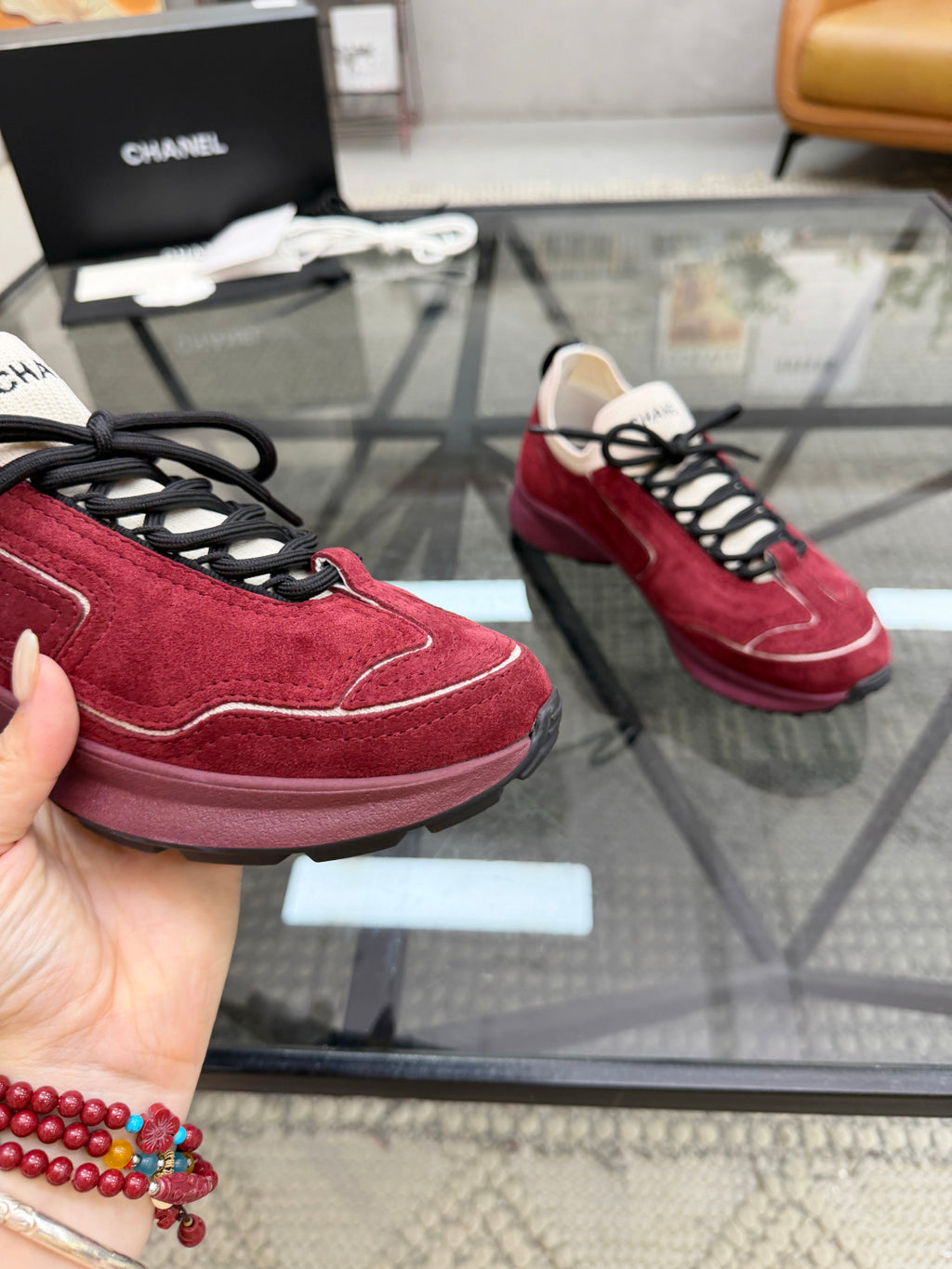 CHANEL Burgundy Suede Sock-Collar Platform Sneakers with White Piping, Lightweight Everyday Style