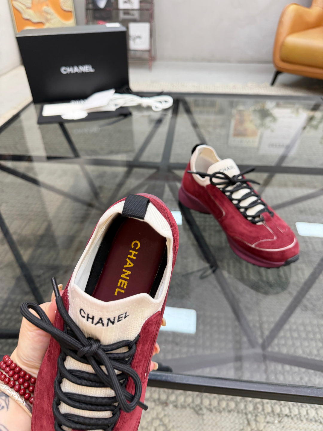 CHANEL Burgundy Suede Sock-Collar Platform Sneakers with White Piping, Lightweight Everyday Style