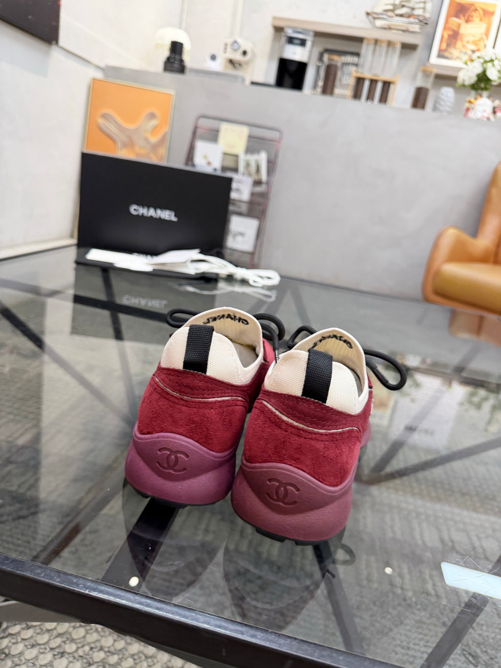 CHANEL Burgundy Suede Sock-Collar Platform Sneakers with White Piping, Lightweight Everyday Style