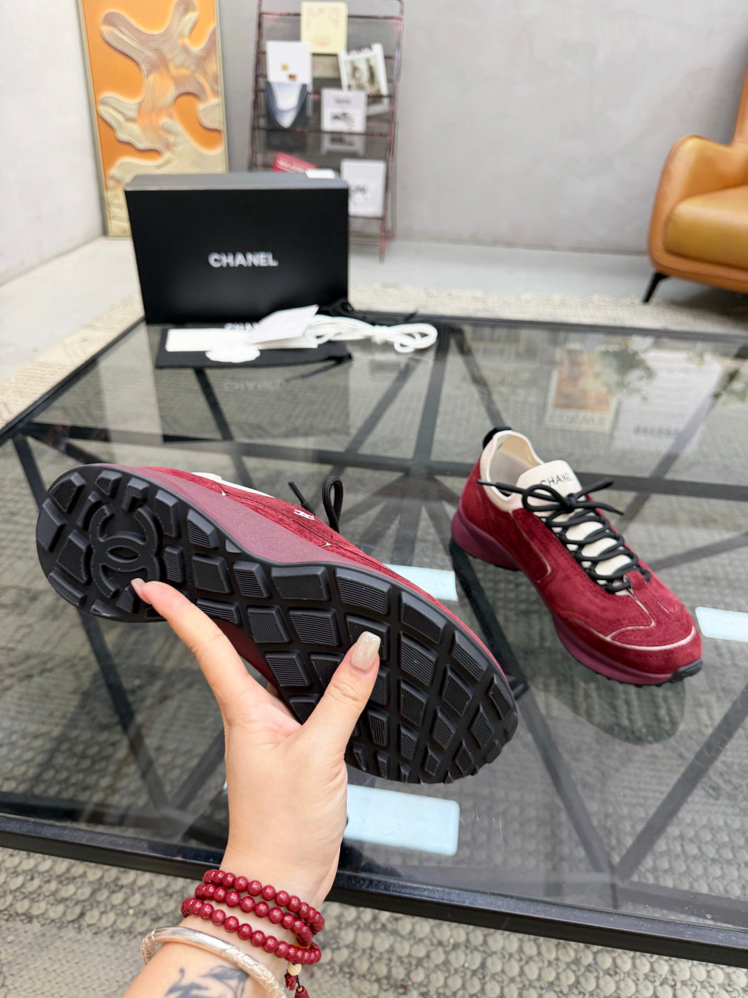CHANEL Burgundy Suede Sock-Collar Platform Sneakers with White Piping, Lightweight Everyday Style