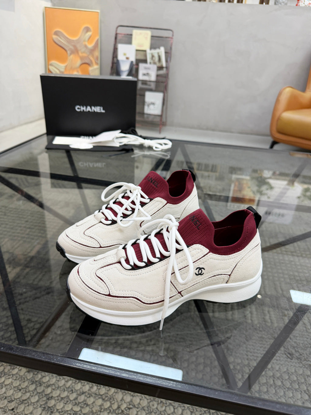 CHANEL Grey and White Suede Sneakers with Burgundy Sock Collar, Lightweight Platform Everyday Shoes