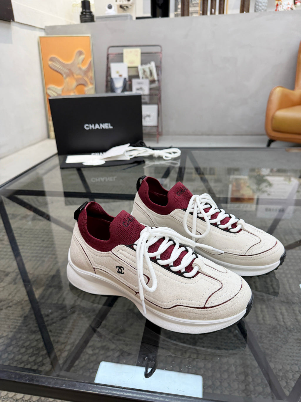 CHANEL Grey and White Suede Sneakers with Burgundy Sock Collar, Lightweight Platform Everyday Shoes