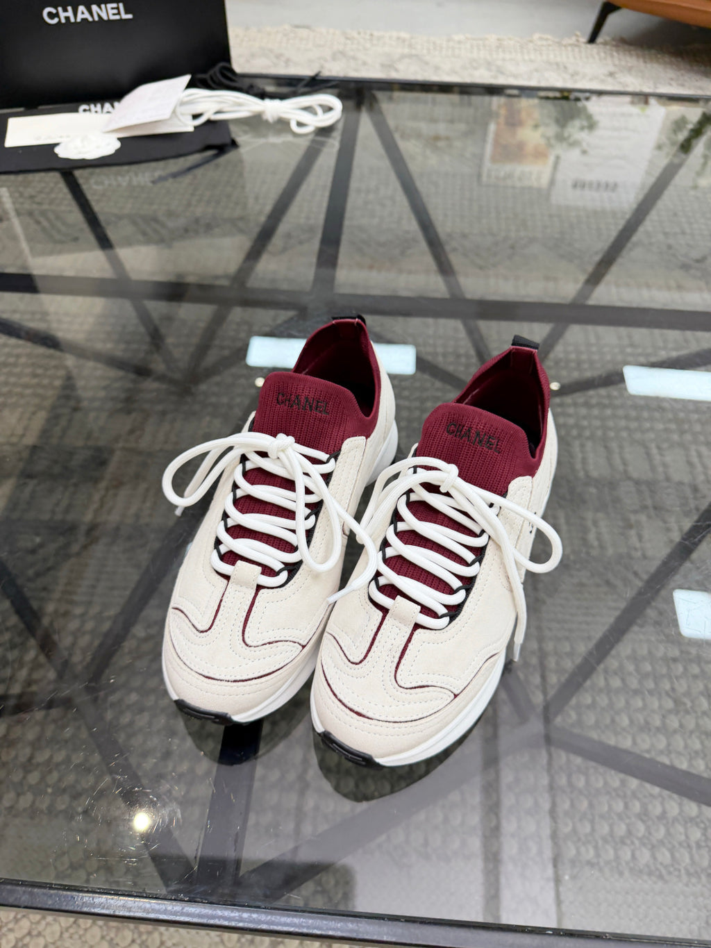 CHANEL Grey and White Suede Sneakers with Burgundy Sock Collar, Lightweight Platform Everyday Shoes