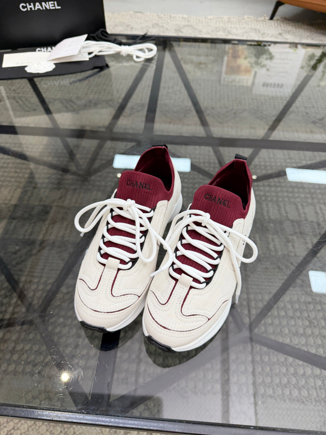 CHANEL Grey and White Suede Sneakers with Burgundy Sock Collar, Lightweight Platform Everyday Shoes