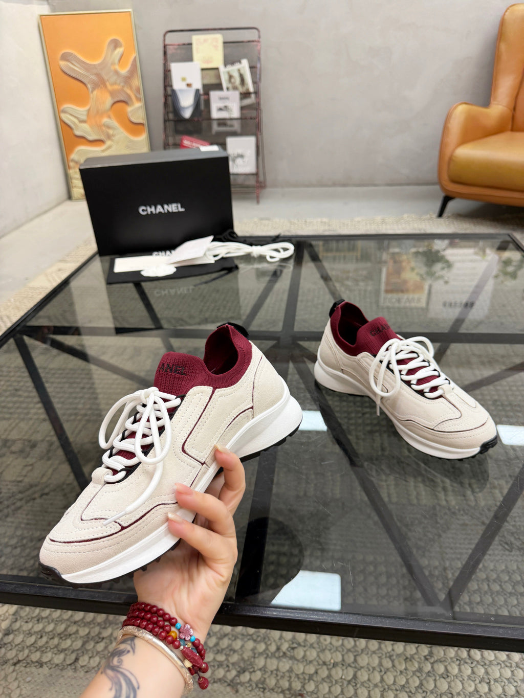 CHANEL Grey and White Suede Sneakers with Burgundy Sock Collar, Lightweight Platform Everyday Shoes
