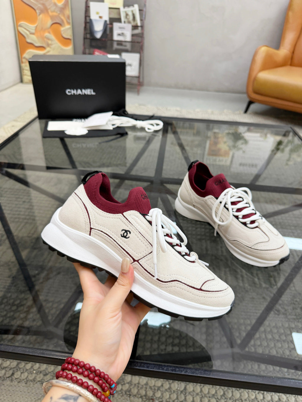 CHANEL Grey and White Suede Sneakers with Burgundy Sock Collar, Lightweight Platform Everyday Shoes
