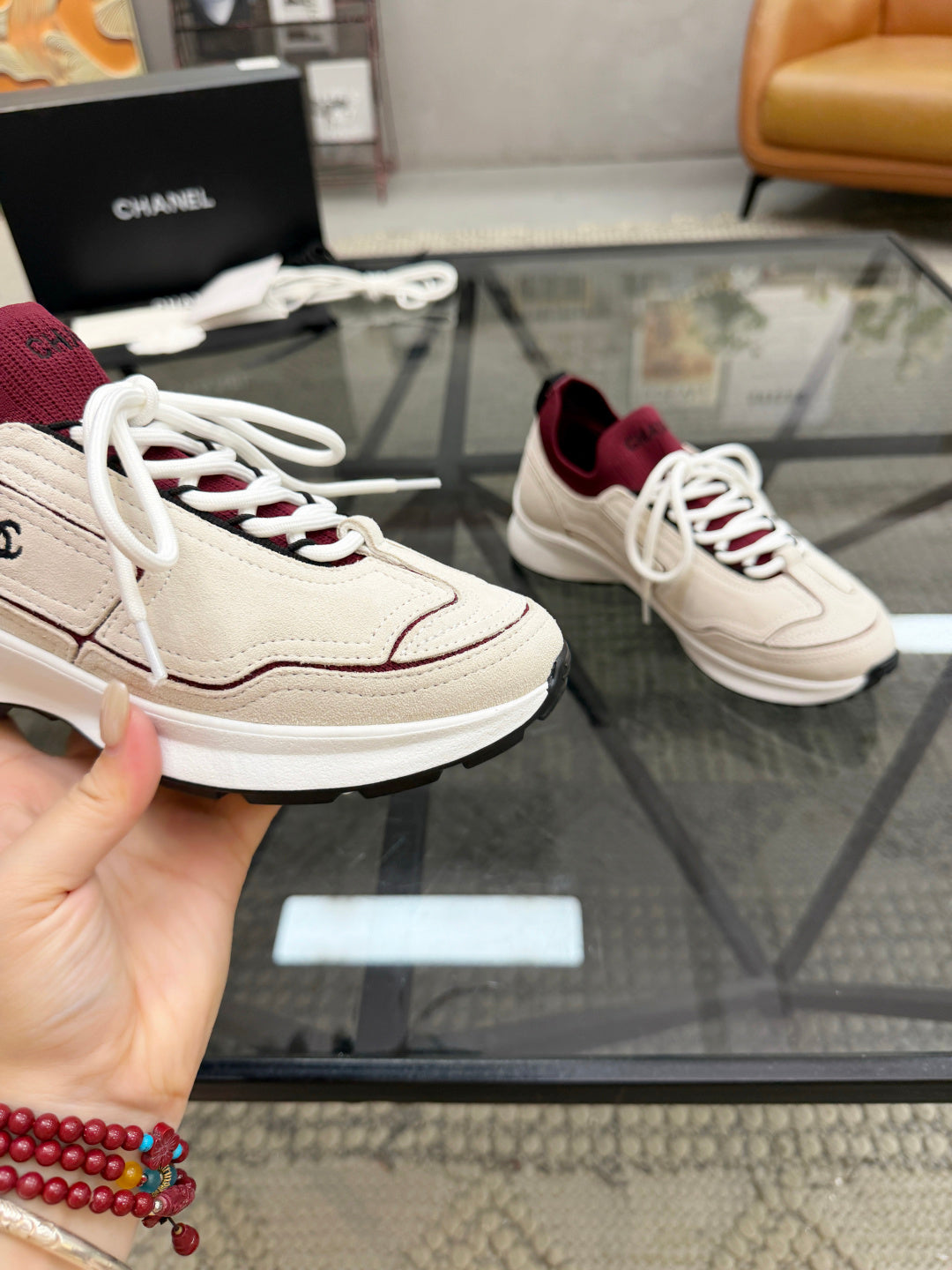 CHANEL Grey and White Suede Sneakers with Burgundy Sock Collar, Lightweight Platform Everyday Shoes