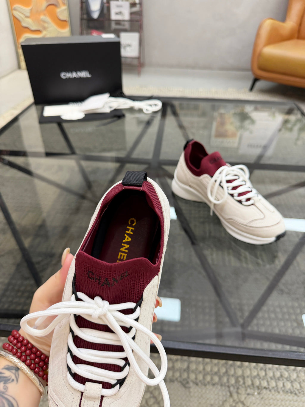 CHANEL Grey and White Suede Sneakers with Burgundy Sock Collar, Lightweight Platform Everyday Shoes