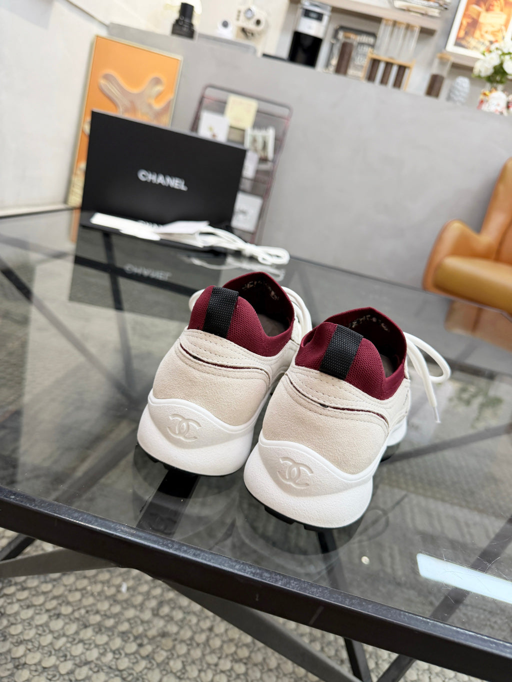 CHANEL Grey and White Suede Sneakers with Burgundy Sock Collar, Lightweight Platform Everyday Shoes