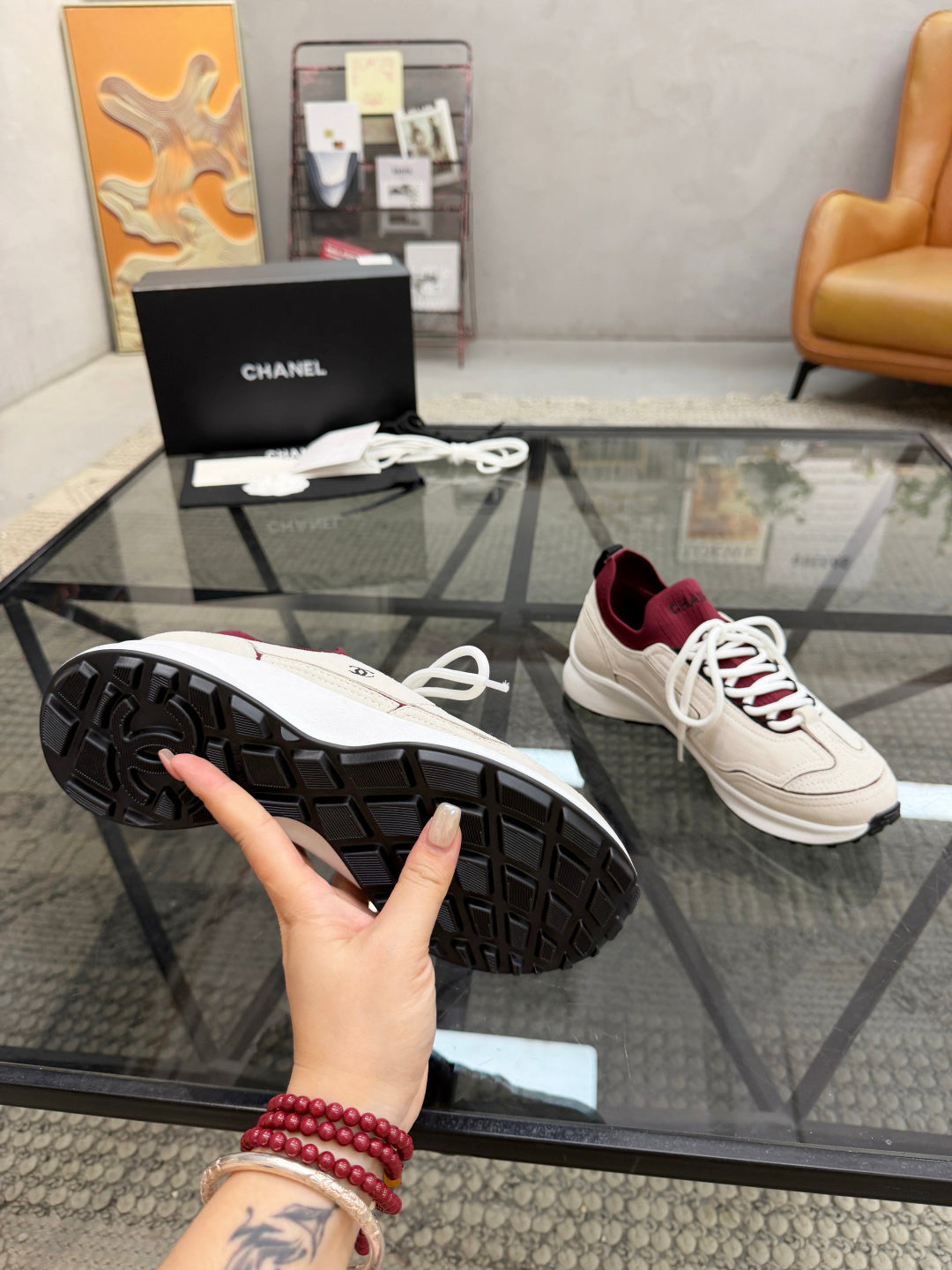 CHANEL Grey and White Suede Sneakers with Burgundy Sock Collar, Lightweight Platform Everyday Shoes