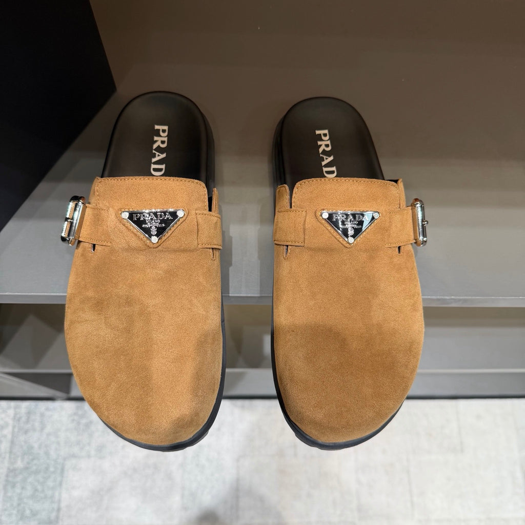 PRADA Men’s Camel Slip-On Mules | Triangle Logo & Metal Buckle Detail